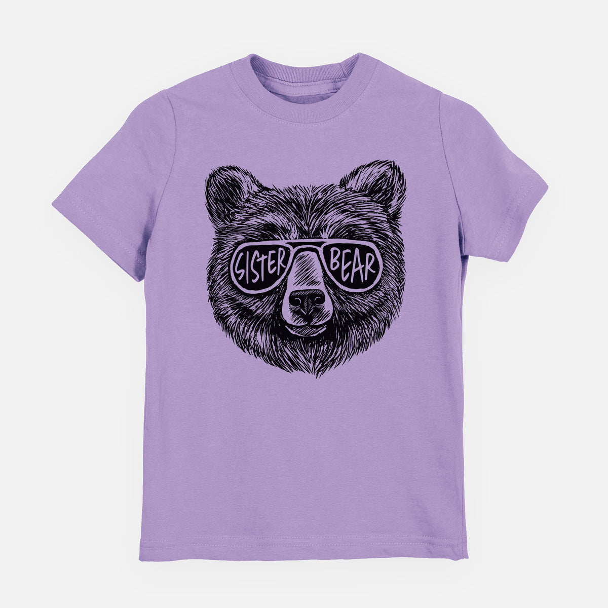 Lavender youth t-shirt laid flat, printed with a black ink bear's face wearing sunglasses that read Sister Bear.