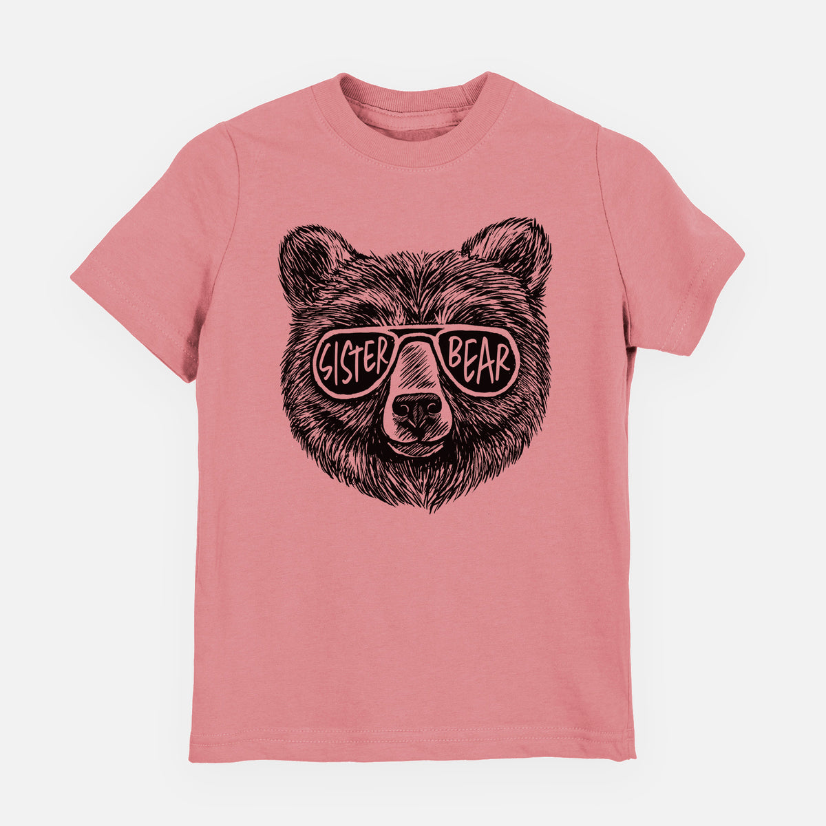 Mauve pink youth t-shirt laid flat, printed with a black ink bear's face wearing sunglasses that read Sister Bear.
