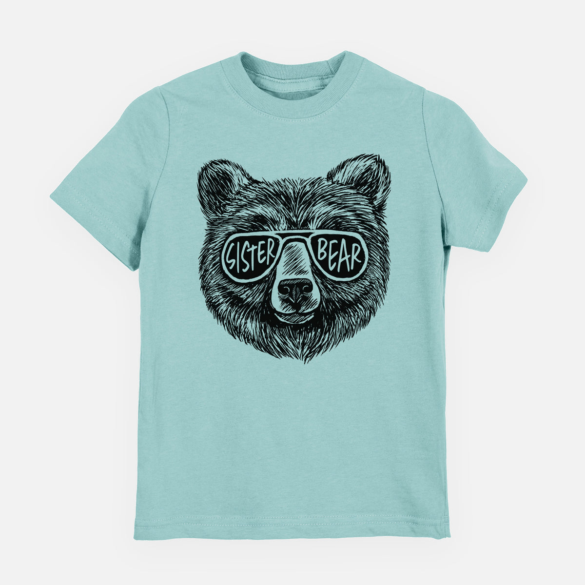 Saltwater youth t-shirt laid flat, printed with a black ink bear's face wearing sunglasses that read Sister Bear.