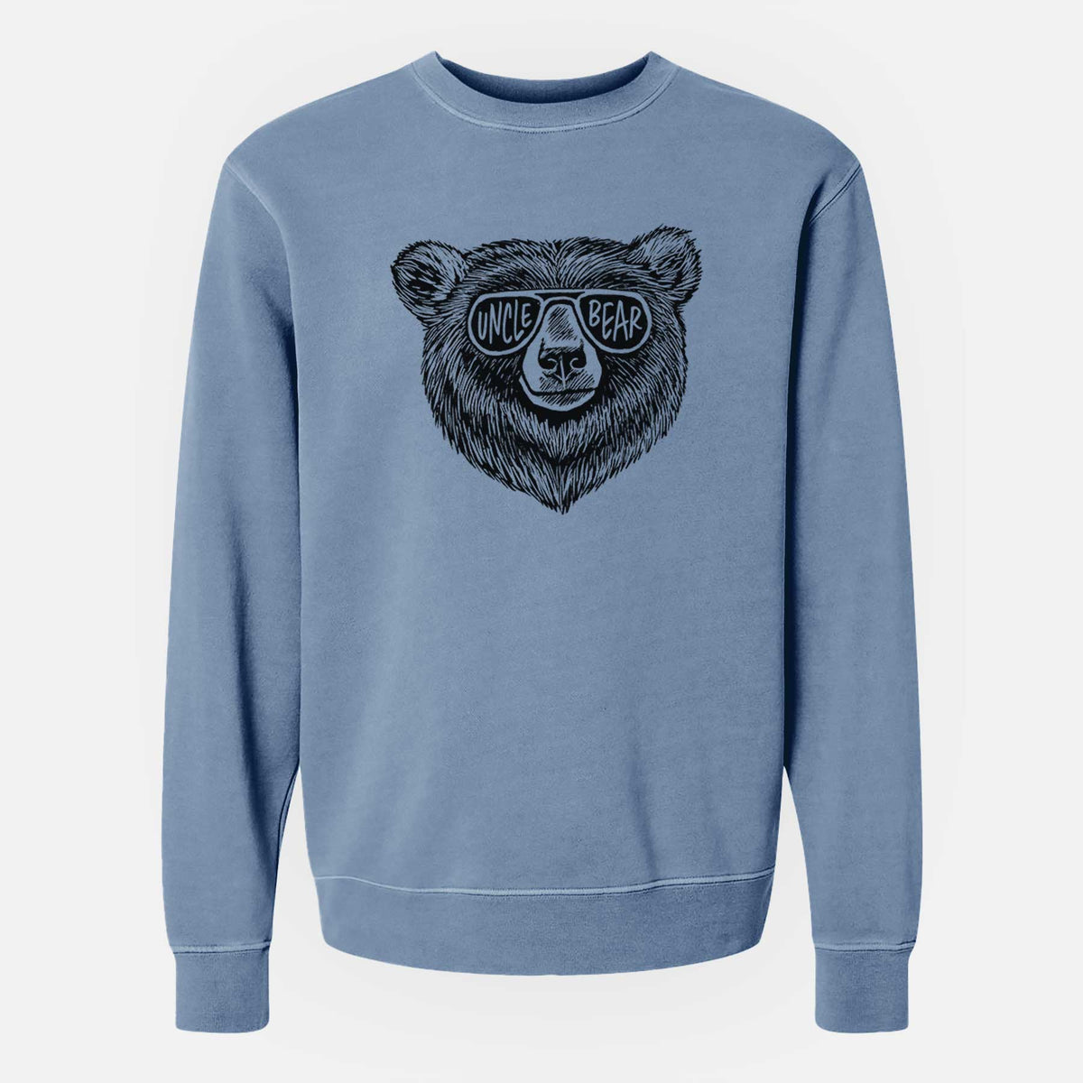 Slate blue pigment dyed crewneck sweatshirt laid flat, printed with a black ink bear's face wearing sunglasses that read Uncle Bear.