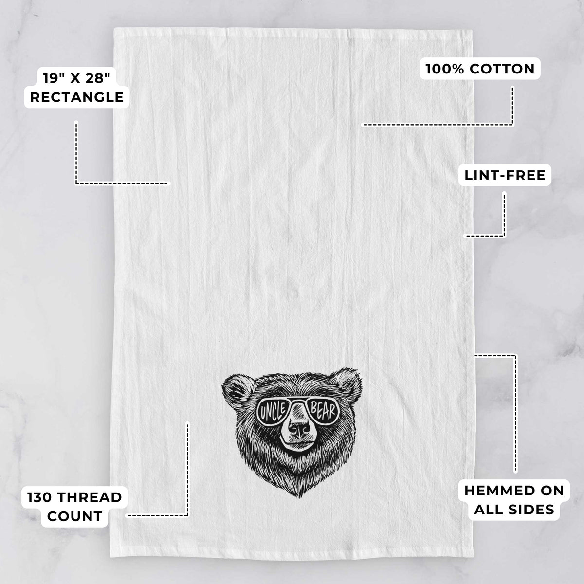 White tea towel printed with a black ink bear's face wearing sunglasses that read Uncle Bear, with feature labels: 19 by 28 inch rectangle, 100% cotton, lint-free, 130 thread count, hemmed on all sides.