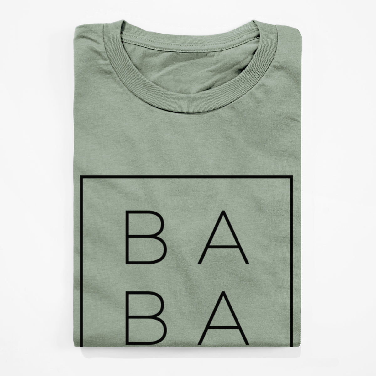 Sage green lightweight cotton t-shirt folded, showing the word BABA in thin black letters stacked inside a square outline.