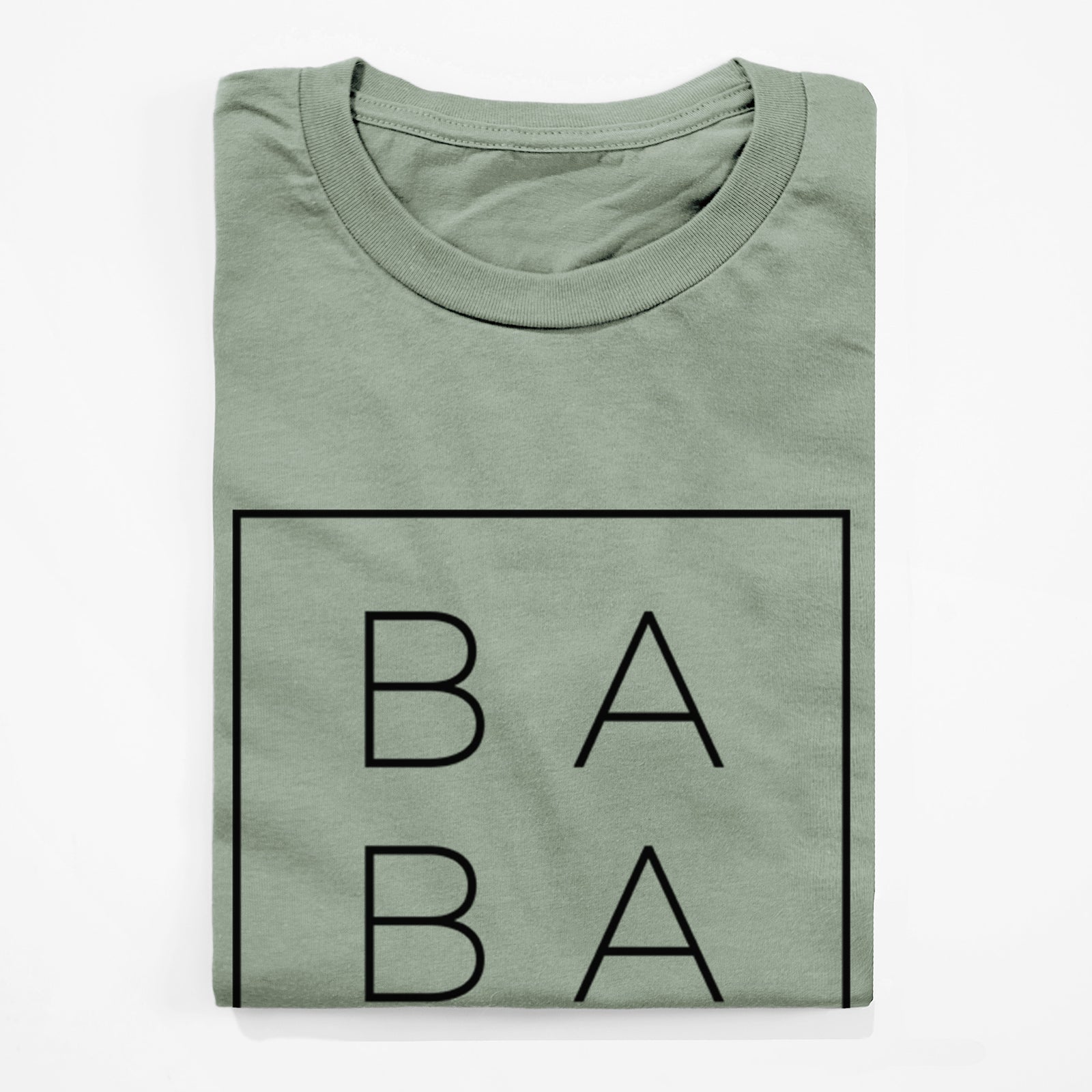 Vintage denim lightweight cotton t-shirt laid flat, printed with the word BABA in thin black letters stacked inside a square outline.