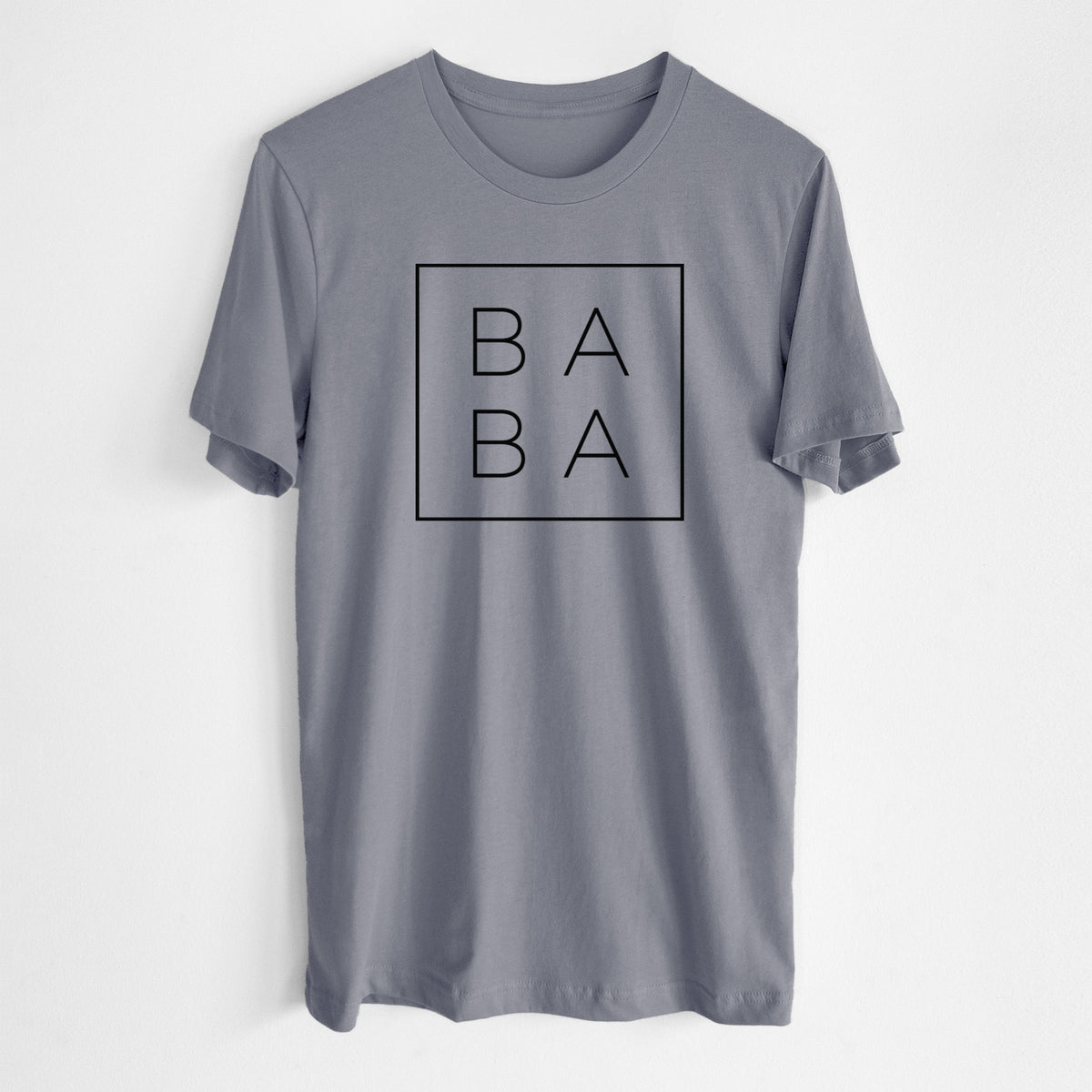 Storm grey lightweight cotton t-shirt laid flat, printed with the word BABA in thin black letters stacked inside a square outline.