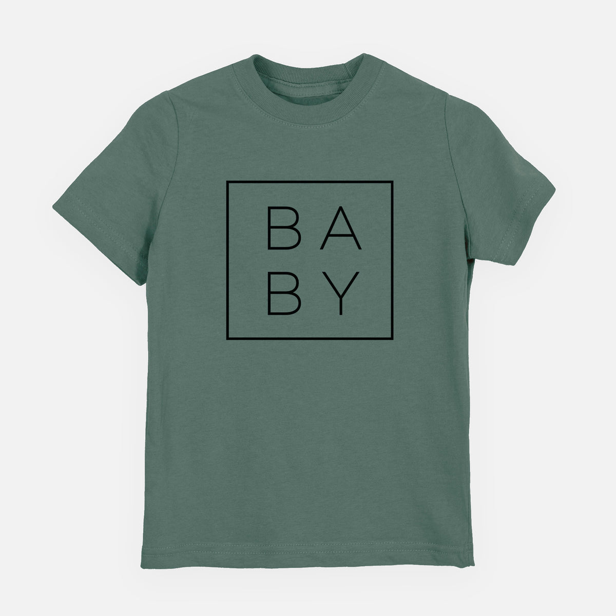 Basil green youth t-shirt laid flat, printed with the word BABY in thin black letters stacked inside a square outline.