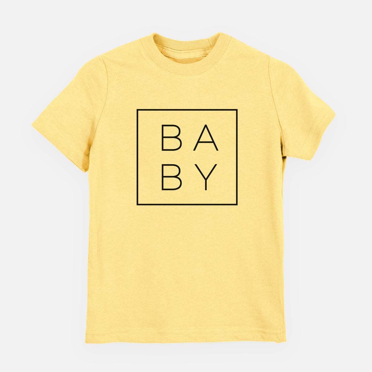 Butter yellow youth t-shirt laid flat, printed with the word BABY in thin black letters stacked inside a square outline.