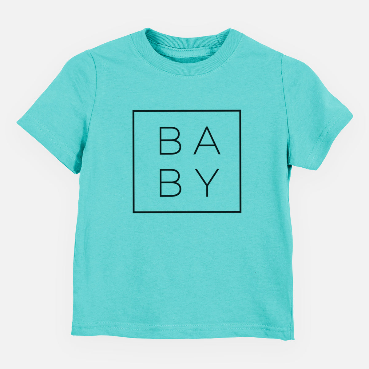 Caribbean blue toddler t-shirt laid flat, printed with the word BABY in thin black letters stacked inside a square outline.