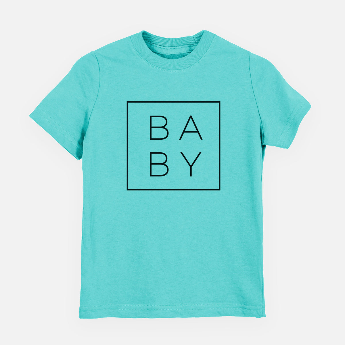 Caribbean blue youth t-shirt laid flat, printed with the word BABY in thin black letters stacked inside a square outline.