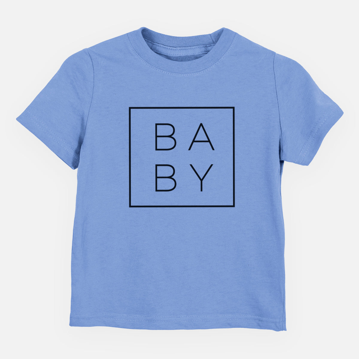 Carolina blue toddler t-shirt laid flat, printed with the word BABY in thin black letters stacked inside a square outline.
