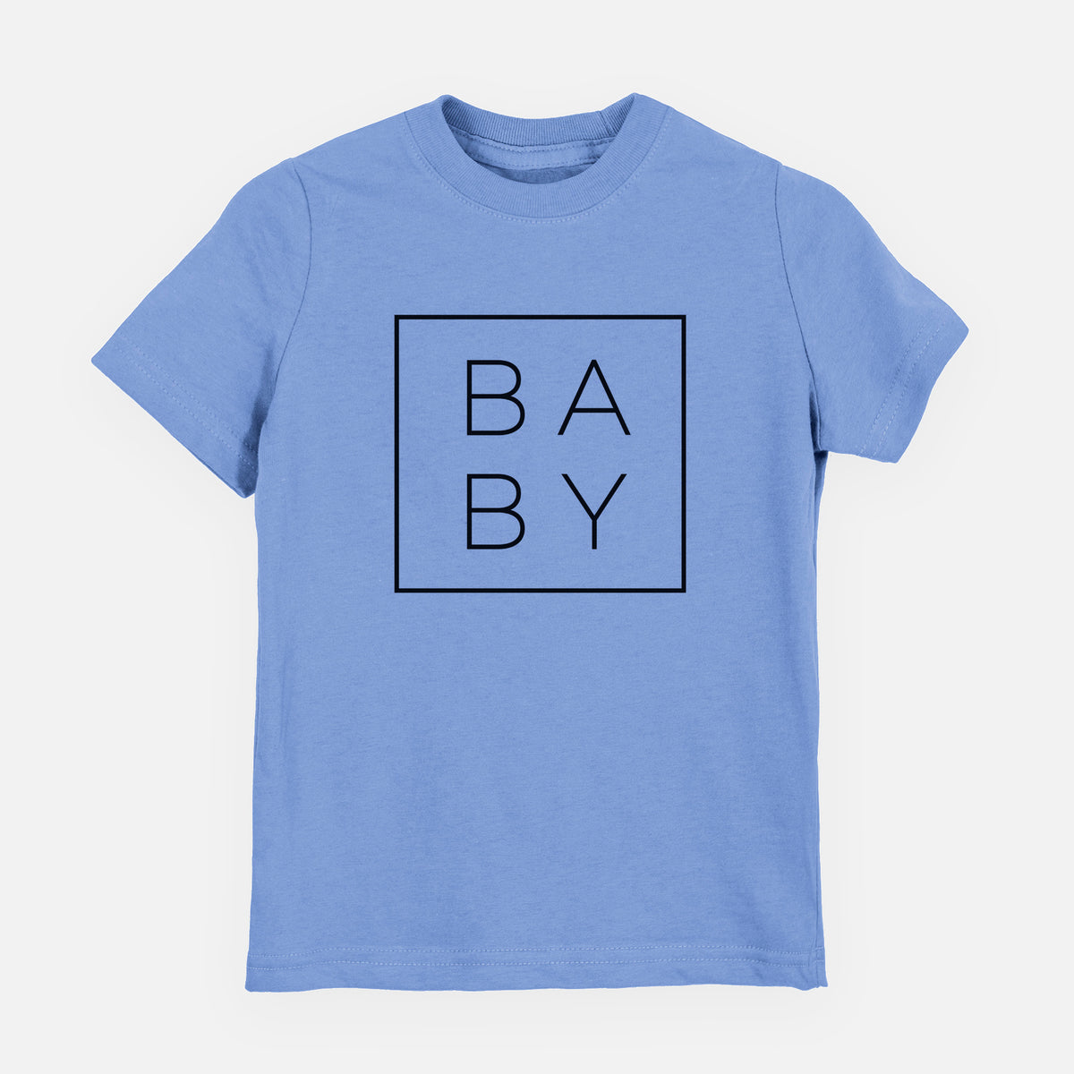 Carolina blue youth t-shirt laid flat, printed with the word BABY in thin black letters stacked inside a square outline.