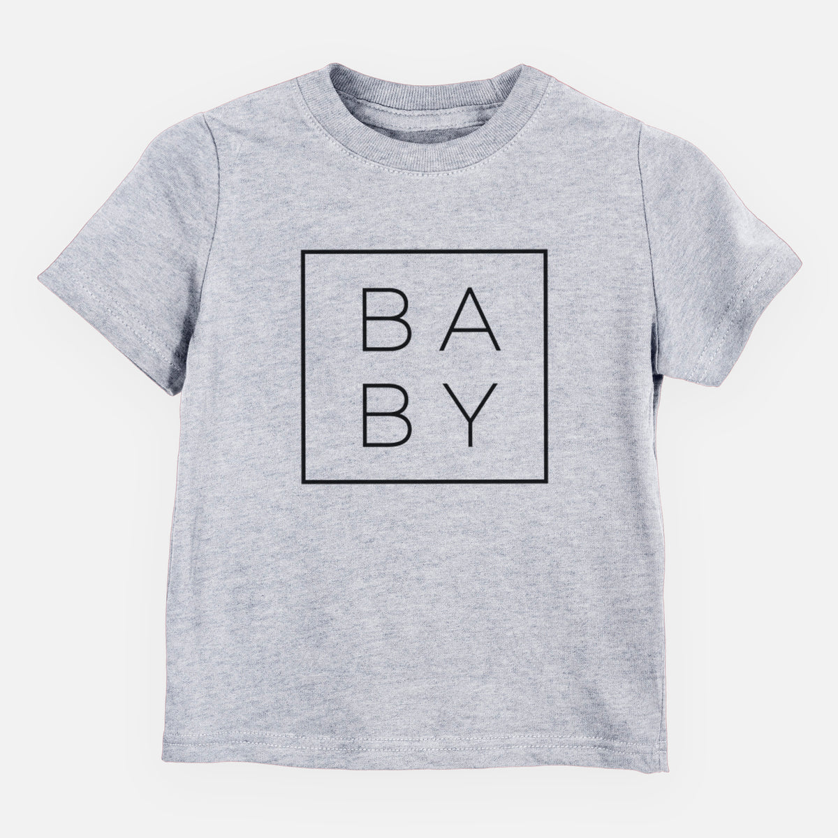Heather grey toddler t-shirt laid flat, printed with the word BABY in thin black letters stacked inside a square outline.