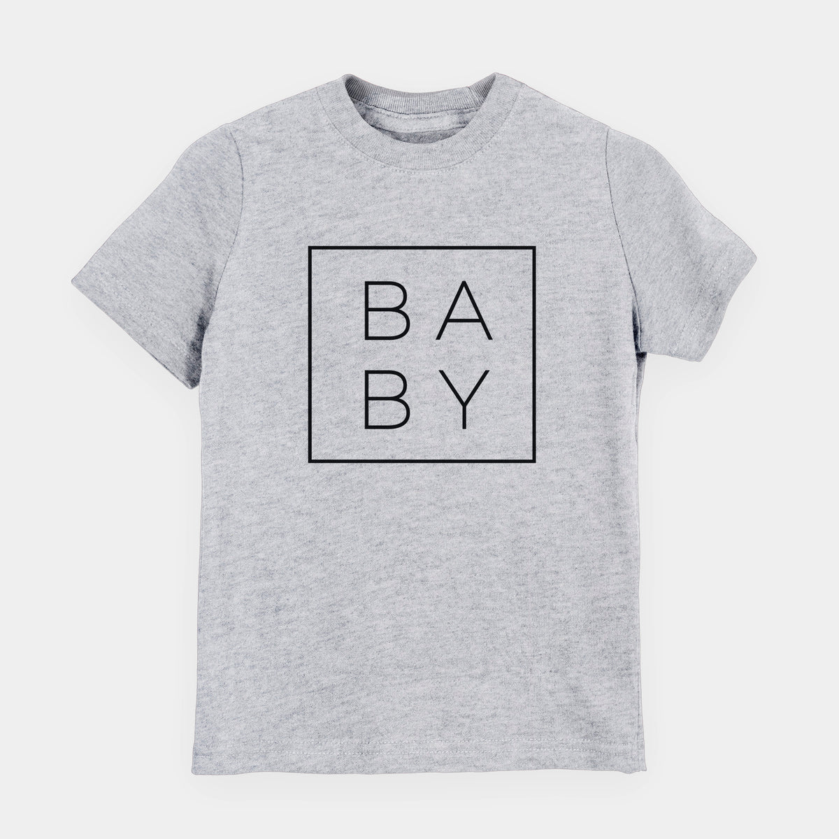 Heather grey youth t-shirt laid flat, printed with the word BABY in thin black letters stacked inside a square outline.