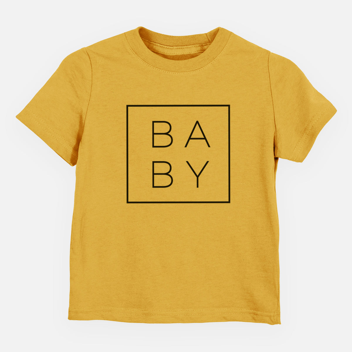 Honeycomb yellow toddler t-shirt laid flat, printed with the word BABY in thin black letters stacked inside a square outline.