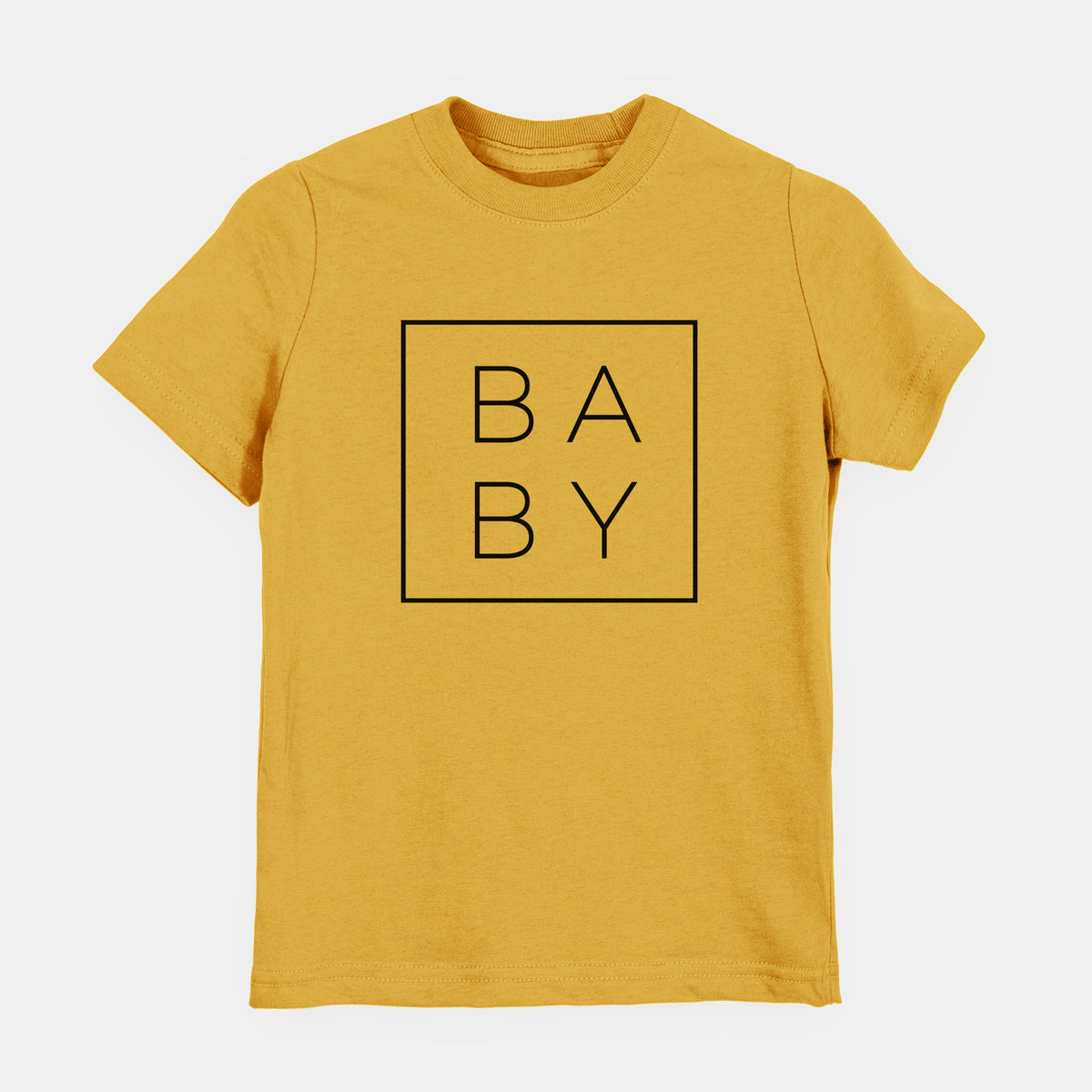 Honeycomb yellow youth t-shirt laid flat, printed with the word BABY in thin black letters stacked inside a square outline.
