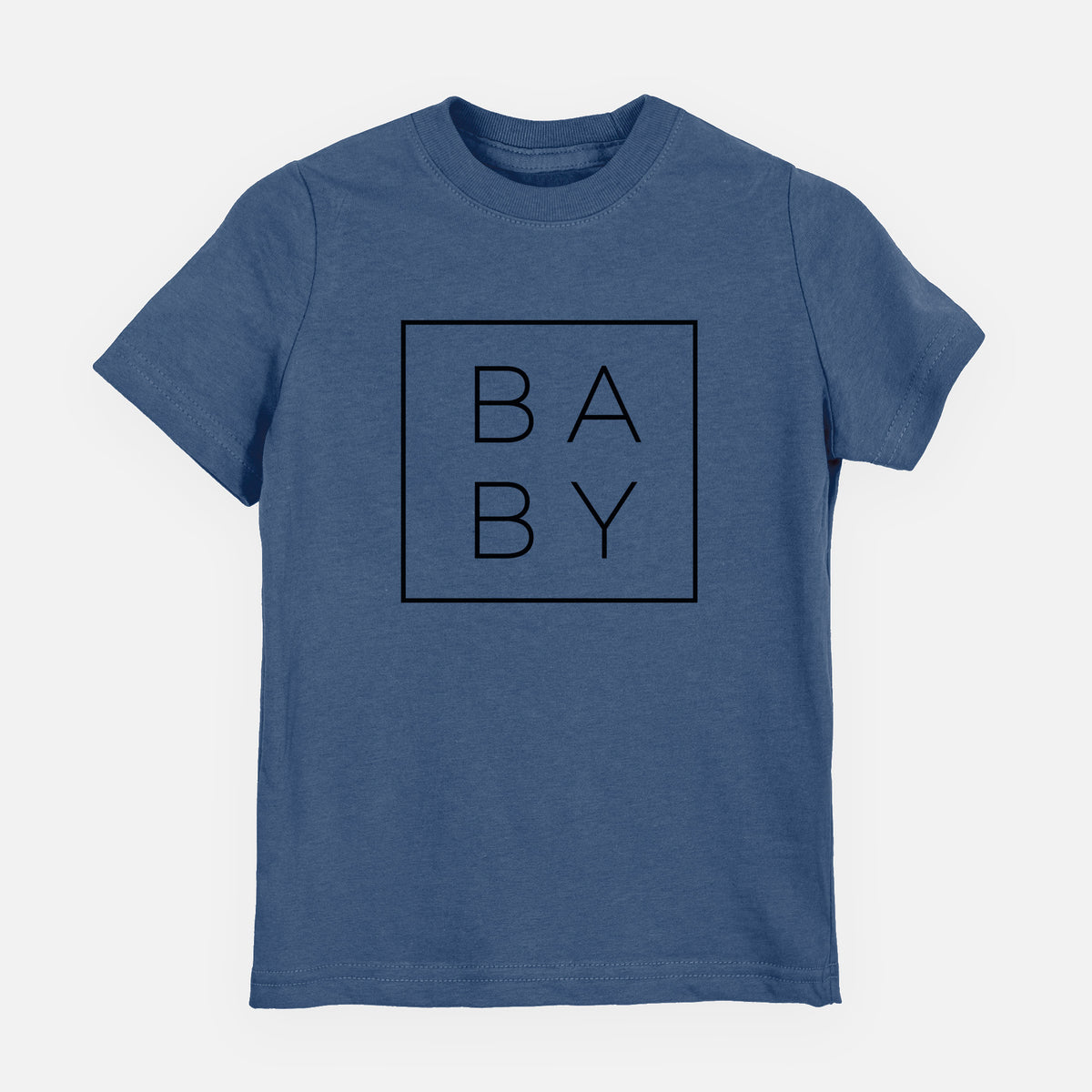 Indigo blue youth t-shirt laid flat, printed with the word BABY in thin black letters stacked inside a square outline.
