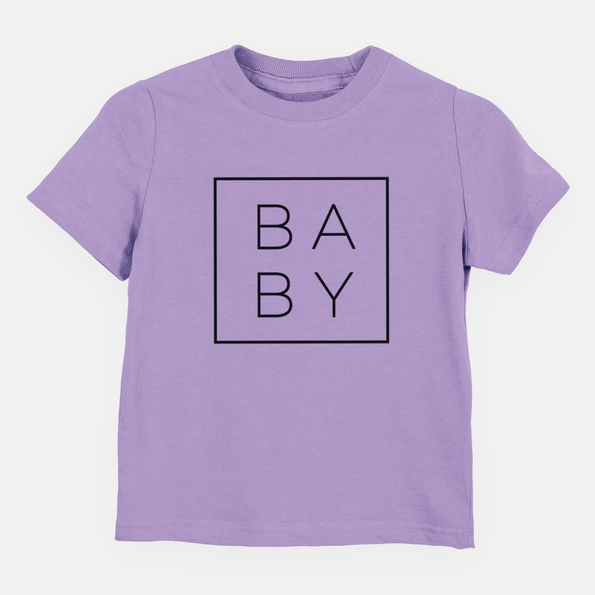 Lavender toddler t-shirt laid flat, printed with the word BABY in thin black letters stacked inside a square outline.