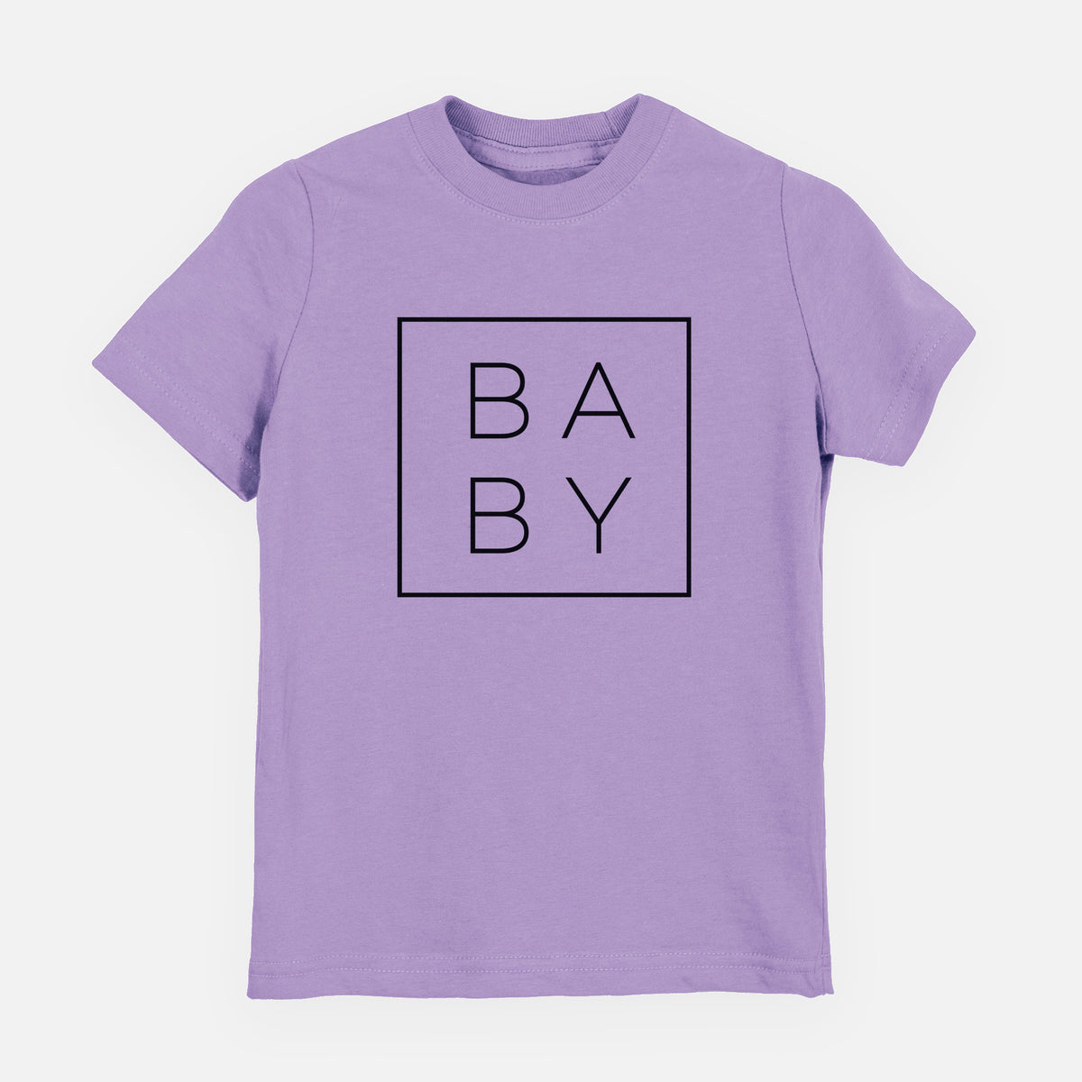 Lavender youth t-shirt laid flat, printed with the word BABY in thin black letters stacked inside a square outline.