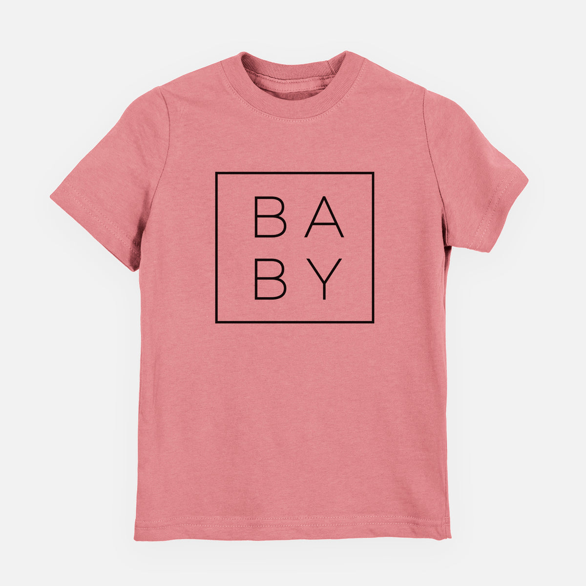 Mauve pink youth t-shirt laid flat, printed with the word BABY in thin black letters stacked inside a square outline.