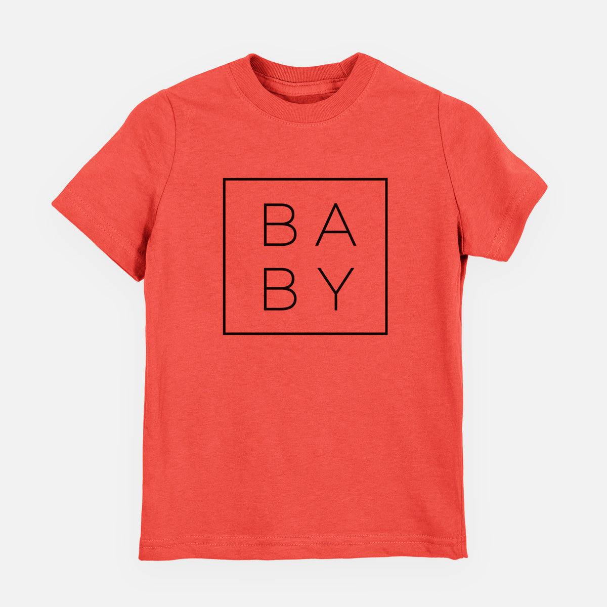 Passionfruit pink youth t-shirt laid flat, printed with the word BABY in thin black letters stacked inside a square outline.