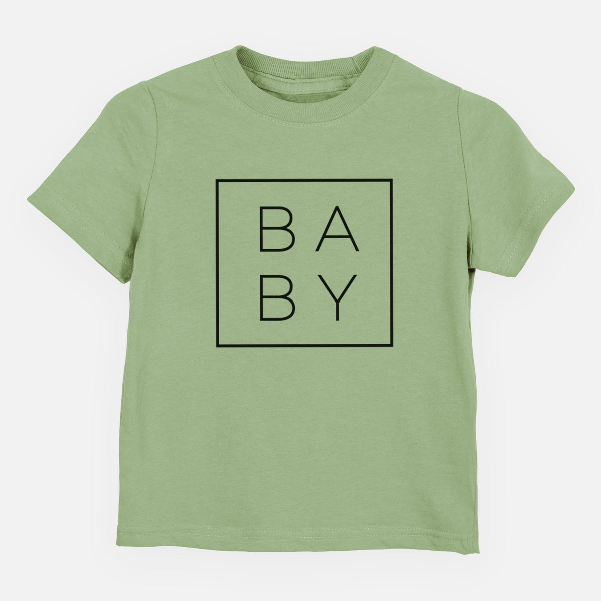 Sage green toddler t-shirt laid flat, printed with the word BABY in thin black letters stacked inside a square outline.