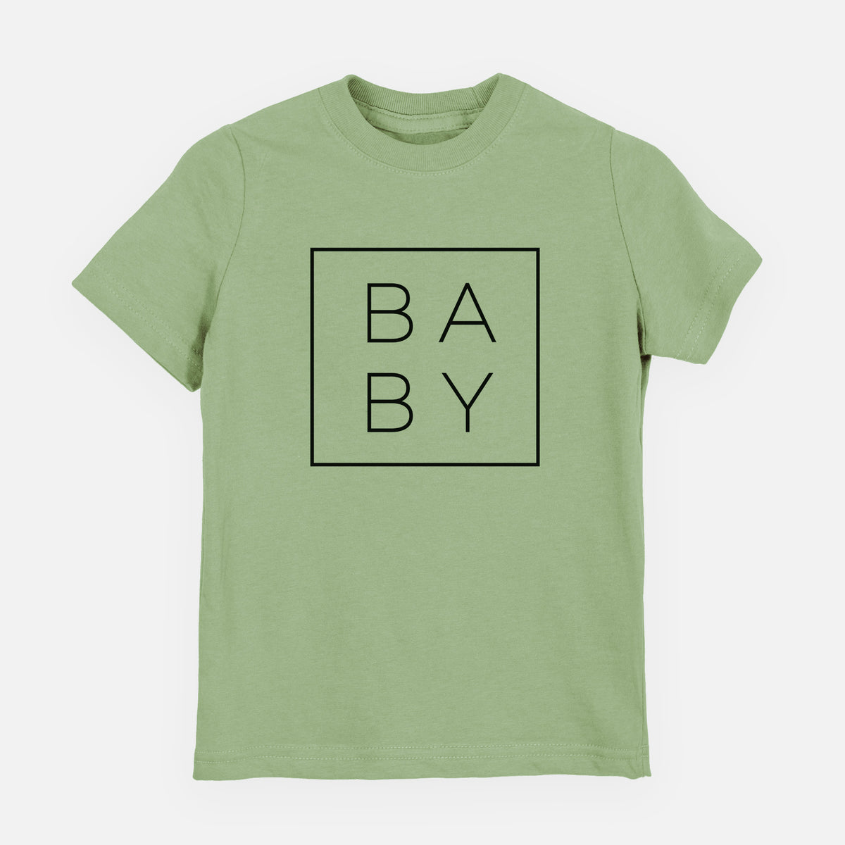 Sage green youth t-shirt laid flat, printed with the word BABY in thin black letters stacked inside a square outline.