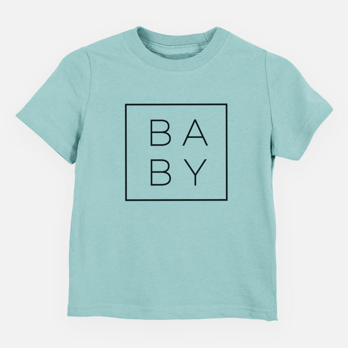 Saltwater toddler t-shirt laid flat, printed with the word BABY in thin black letters stacked inside a square outline.