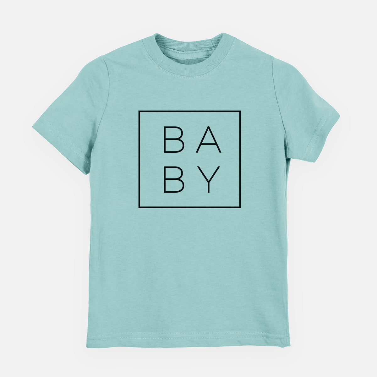 Saltwater youth t-shirt laid flat, printed with the word BABY in thin black letters stacked inside a square outline.