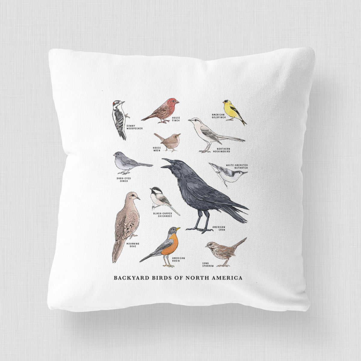 White pillow cover printed with a full-color chart of North American backyard birds, each labeled with its species.