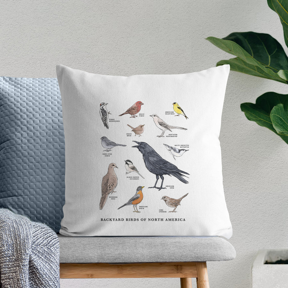 White pillow cover printed with a full-color chart of North American backyard birds, each labeled with its species, on a bench beside plants.