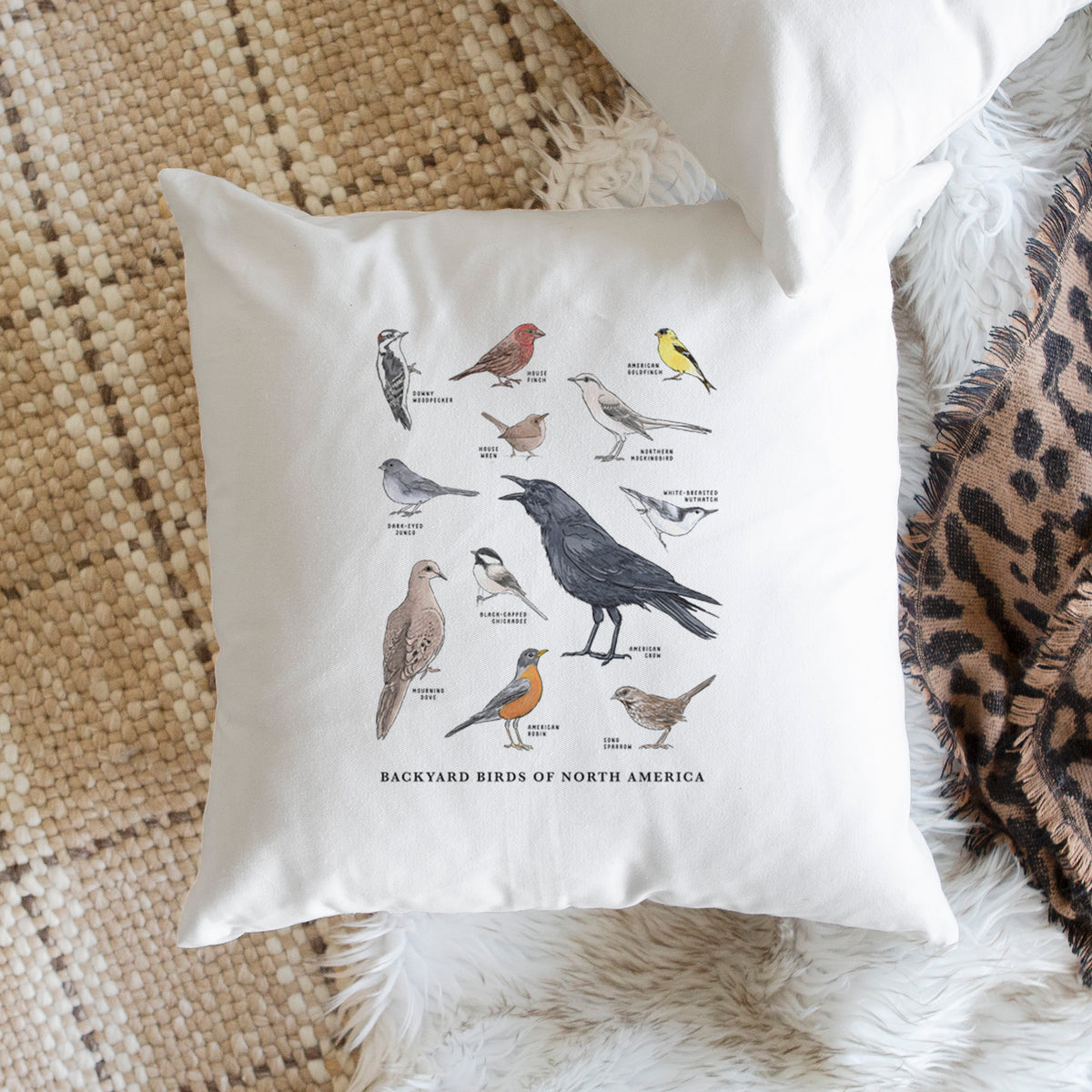 White pillow cover printed with a full-color chart of North American backyard birds, each labeled with its species, on a woven chair.