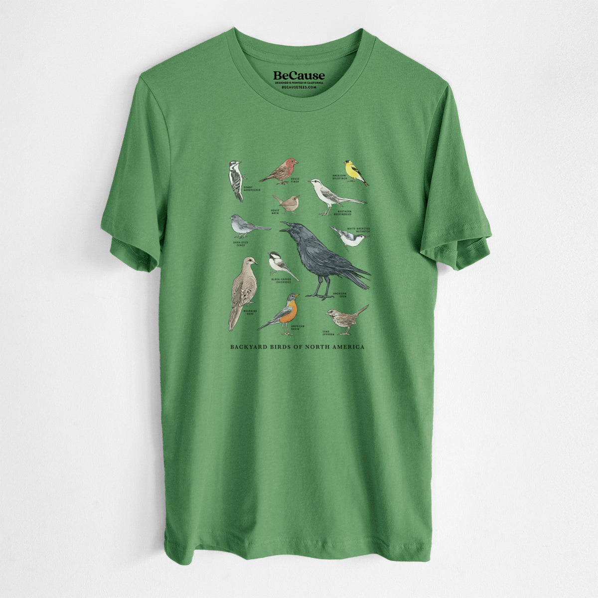 Leaf green lightweight cotton t-shirt laid flat, printed with a full-color chart of North American backyard birds, each labeled with its species.