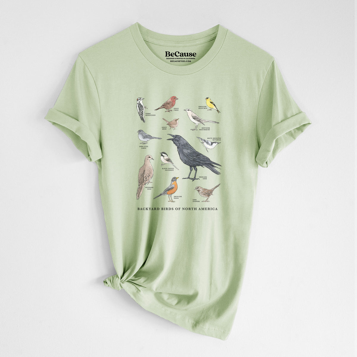 Spring green lightweight cotton t-shirt laid flat with the sleeves rolled, printed with a full-color chart of North American backyard birds, each labeled with its species.