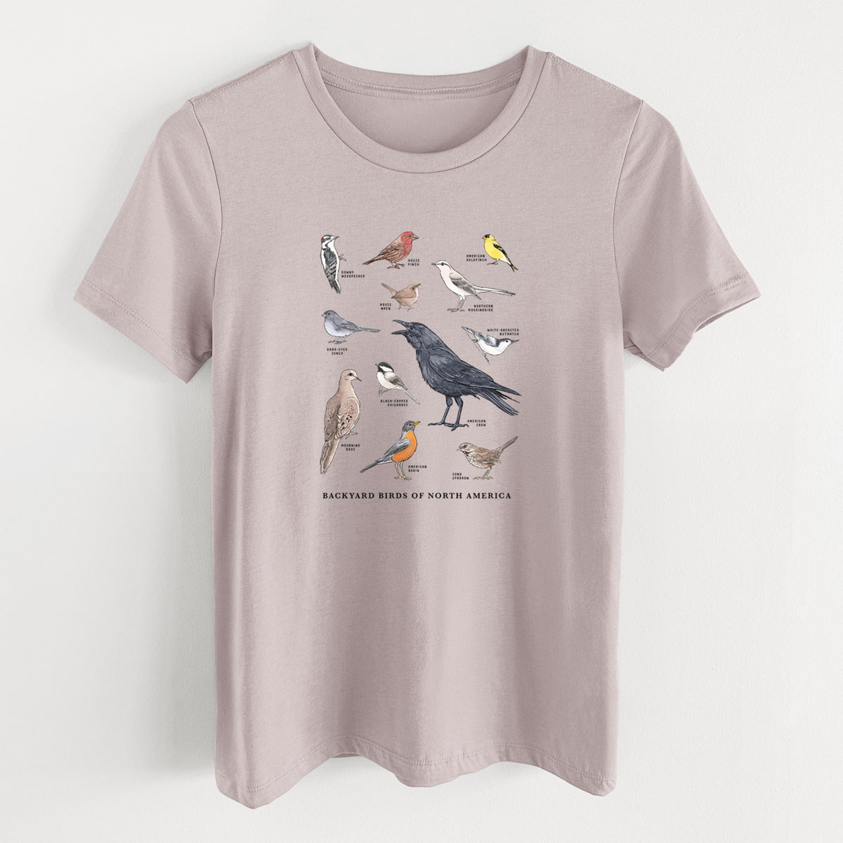 Pink gravel women's relaxed fit cotton t-shirt laid flat, printed with a full-color chart of North American backyard birds, each labeled with its species.
