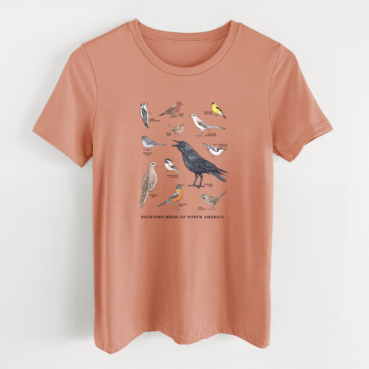 Terracotta orange women's relaxed fit cotton t-shirt laid flat, printed with a full-color chart of North American backyard birds, each labeled with its species.