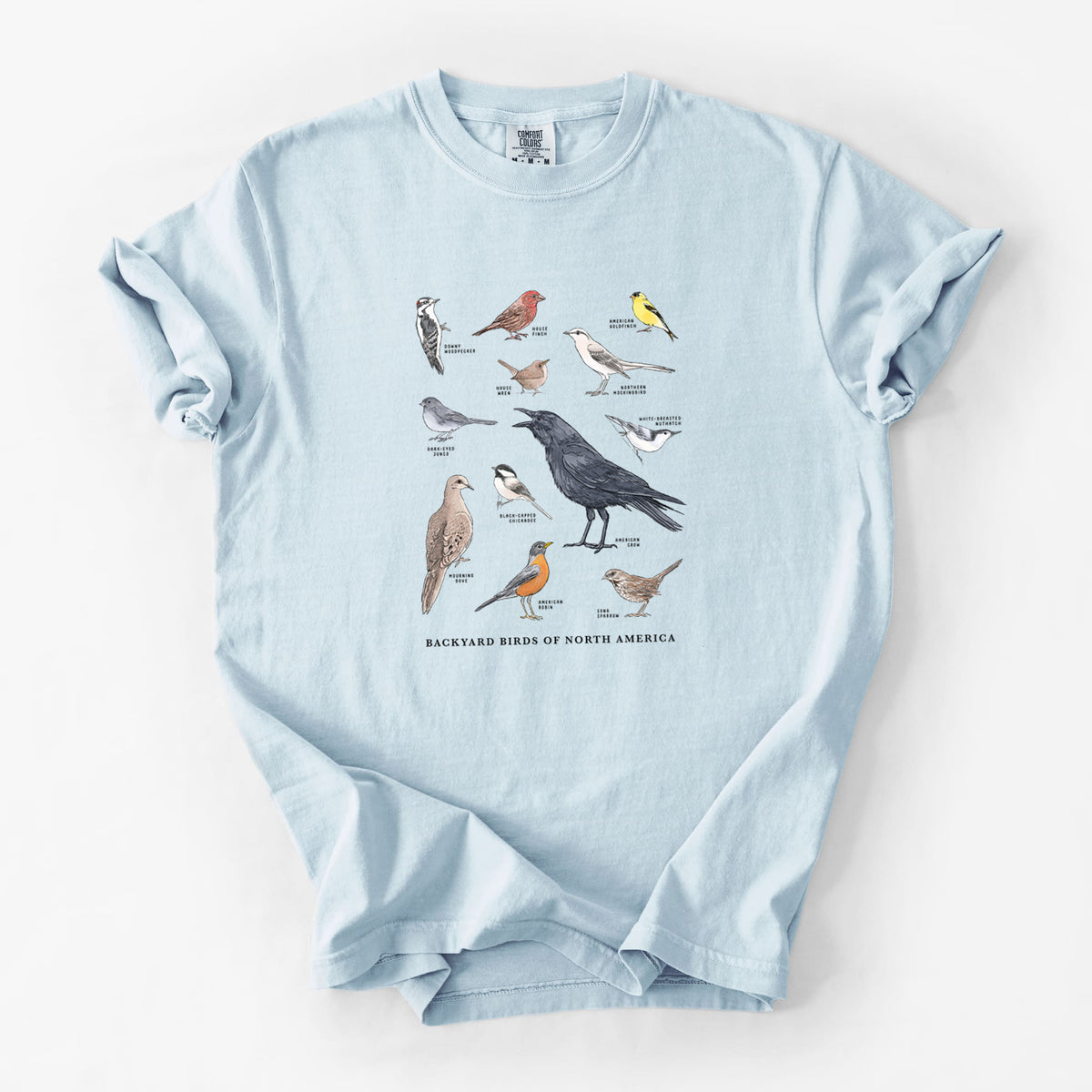 Chambray blue Comfort Colors t-shirt laid flat, printed with a full-color chart of North American backyard birds, each labeled with its species.