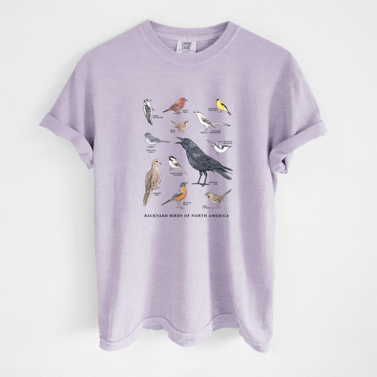 Orchid purple Comfort Colors t-shirt laid flat, printed with a full-color chart of North American backyard birds, each labeled with its species.