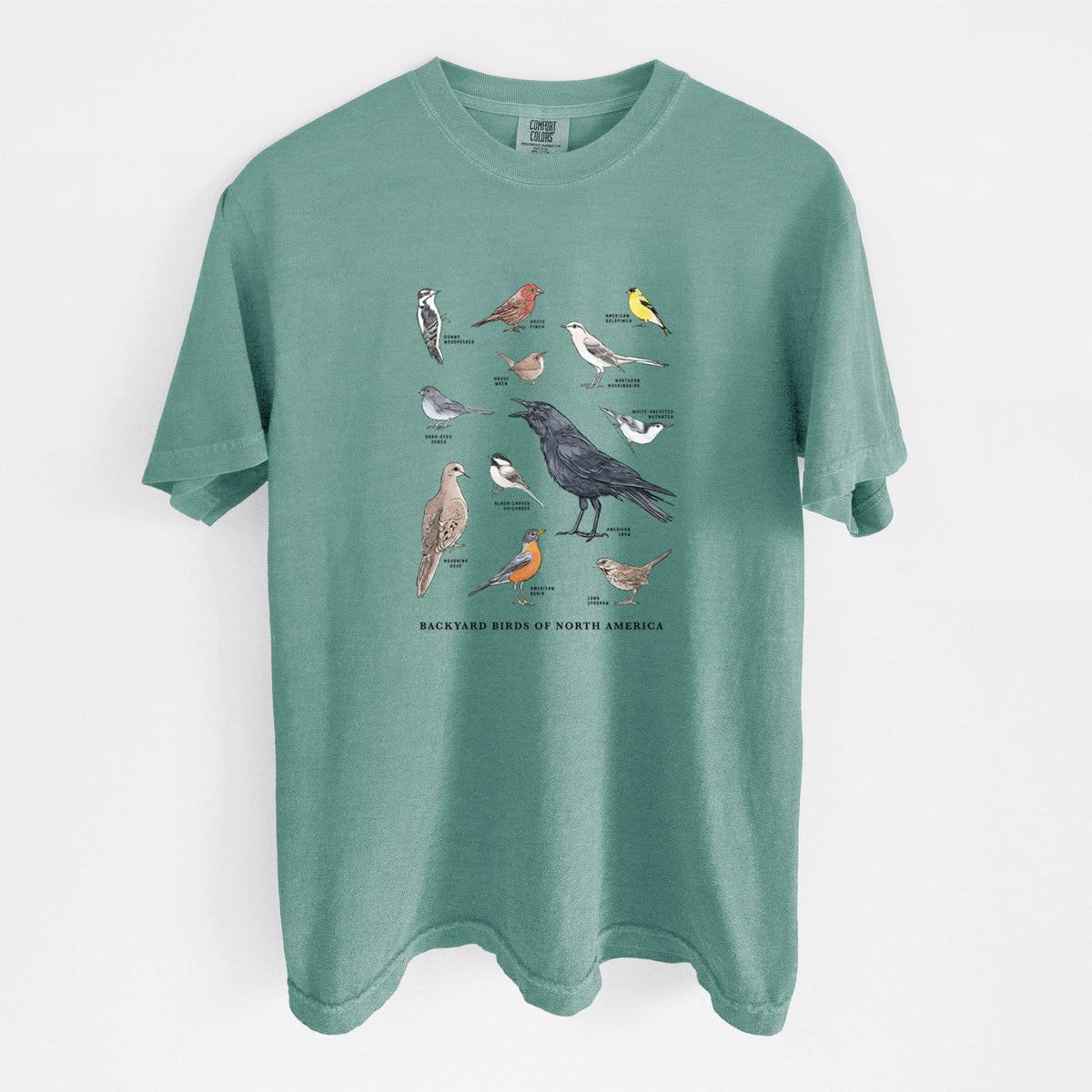 Reef green Comfort Colors t-shirt laid flat, printed with a full-color chart of North American backyard birds, each labeled with its species.