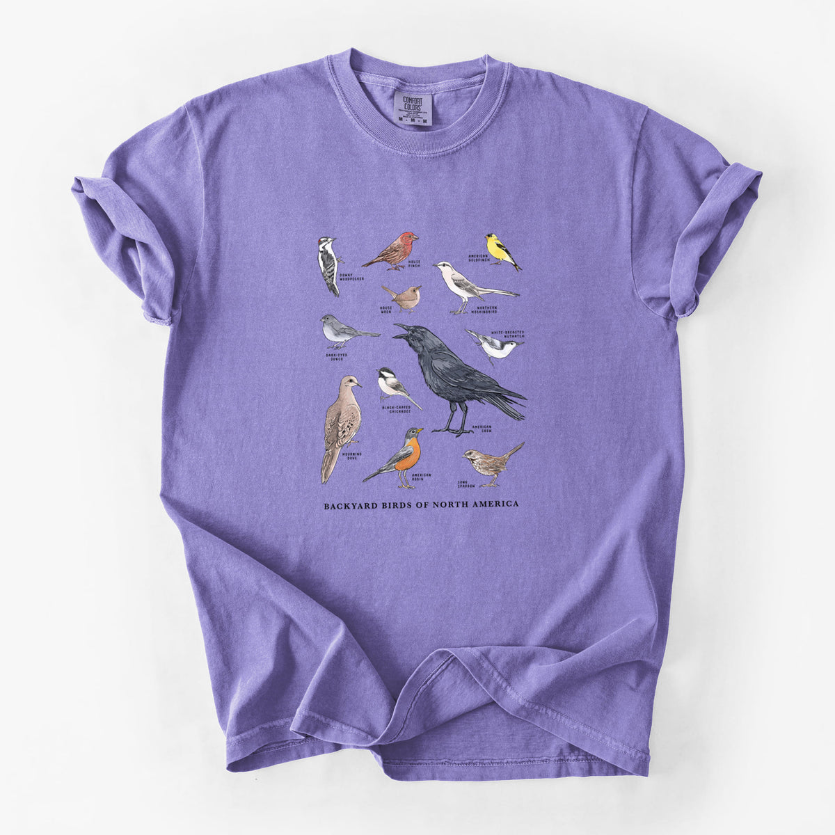 Violet purple Comfort Colors t-shirt laid flat, printed with a full-color chart of North American backyard birds, each labeled with its species.