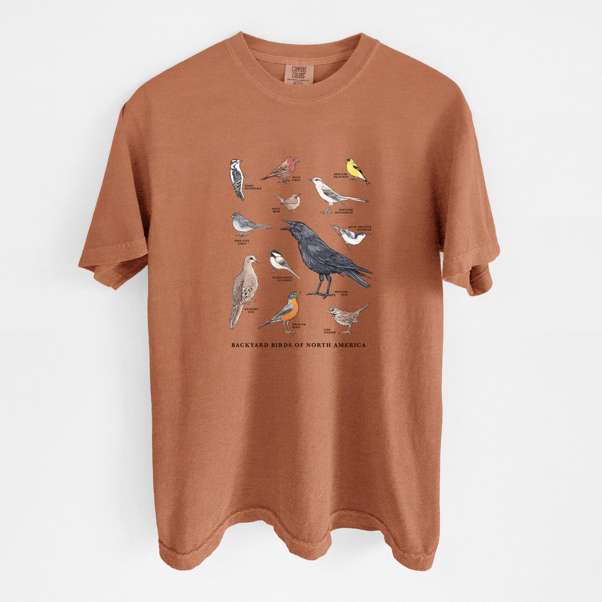 Yam burnt orange Comfort Colors t-shirt laid flat, printed with a full-color chart of North American backyard birds, each labeled with its species.