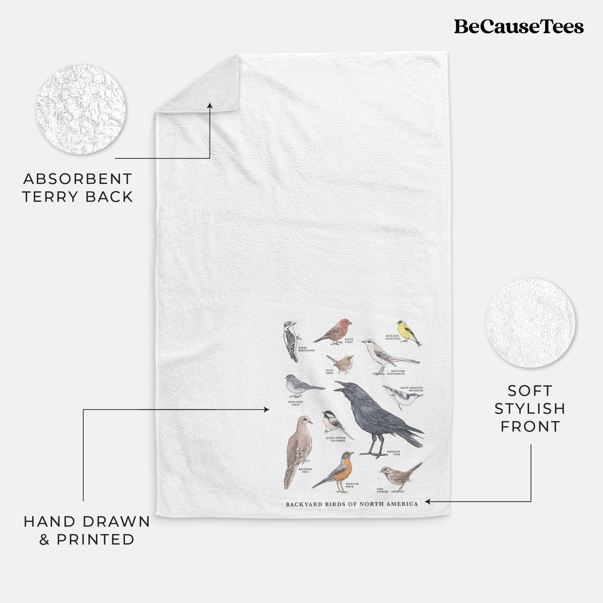 White hand towel printed with a full-color chart of North American backyard birds, each labeled with its species.