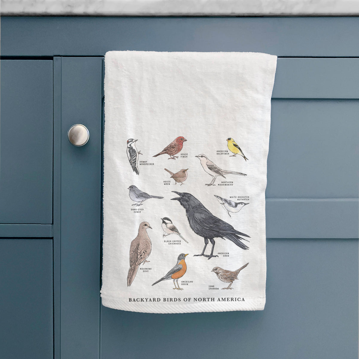 White hand towel printed with a full-color chart of North American backyard birds, each labeled with its species, hanging on a cabinet door.