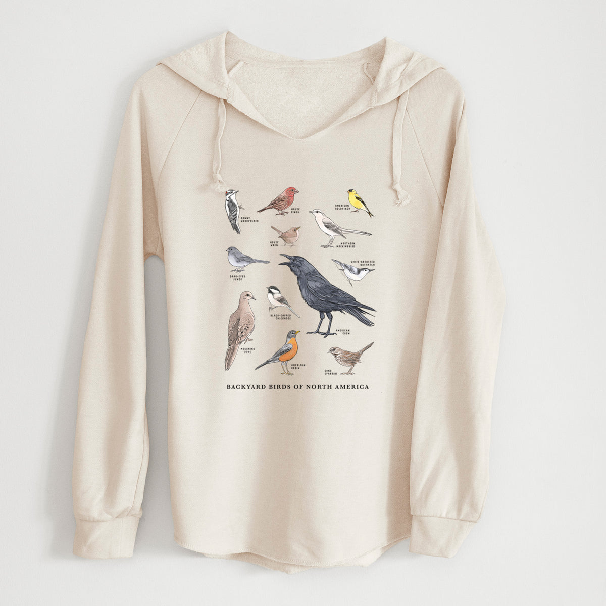 Bone cream women's Cali Wave hooded sweatshirt laid flat, printed with a full-color chart of North American backyard birds, each labeled with its species.