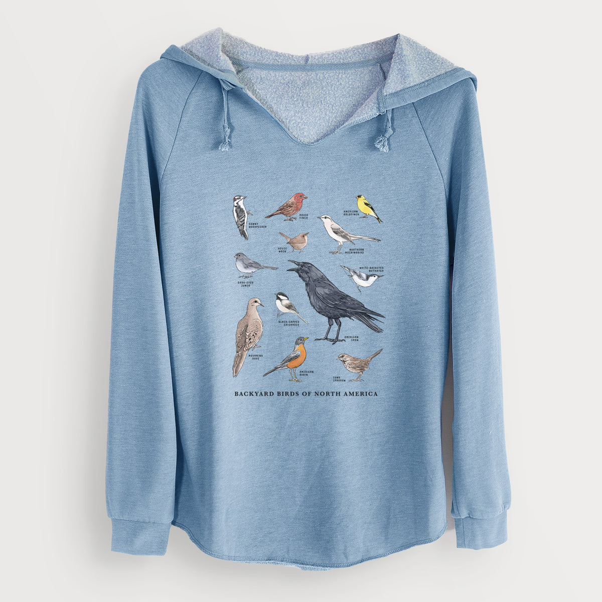 Misty blue women's Cali Wave hooded sweatshirt laid flat, printed with a full-color chart of North American backyard birds, each labeled with its species.