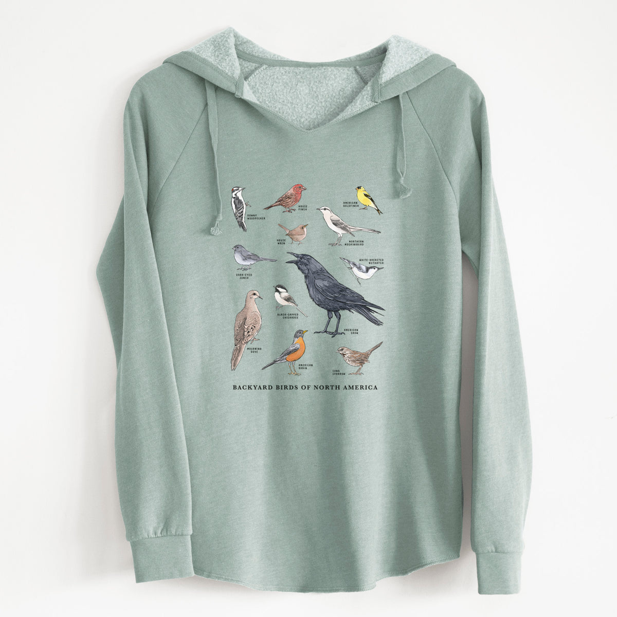 Sage green women's Cali Wave hooded sweatshirt laid flat, printed with a full-color chart of North American backyard birds, each labeled with its species.