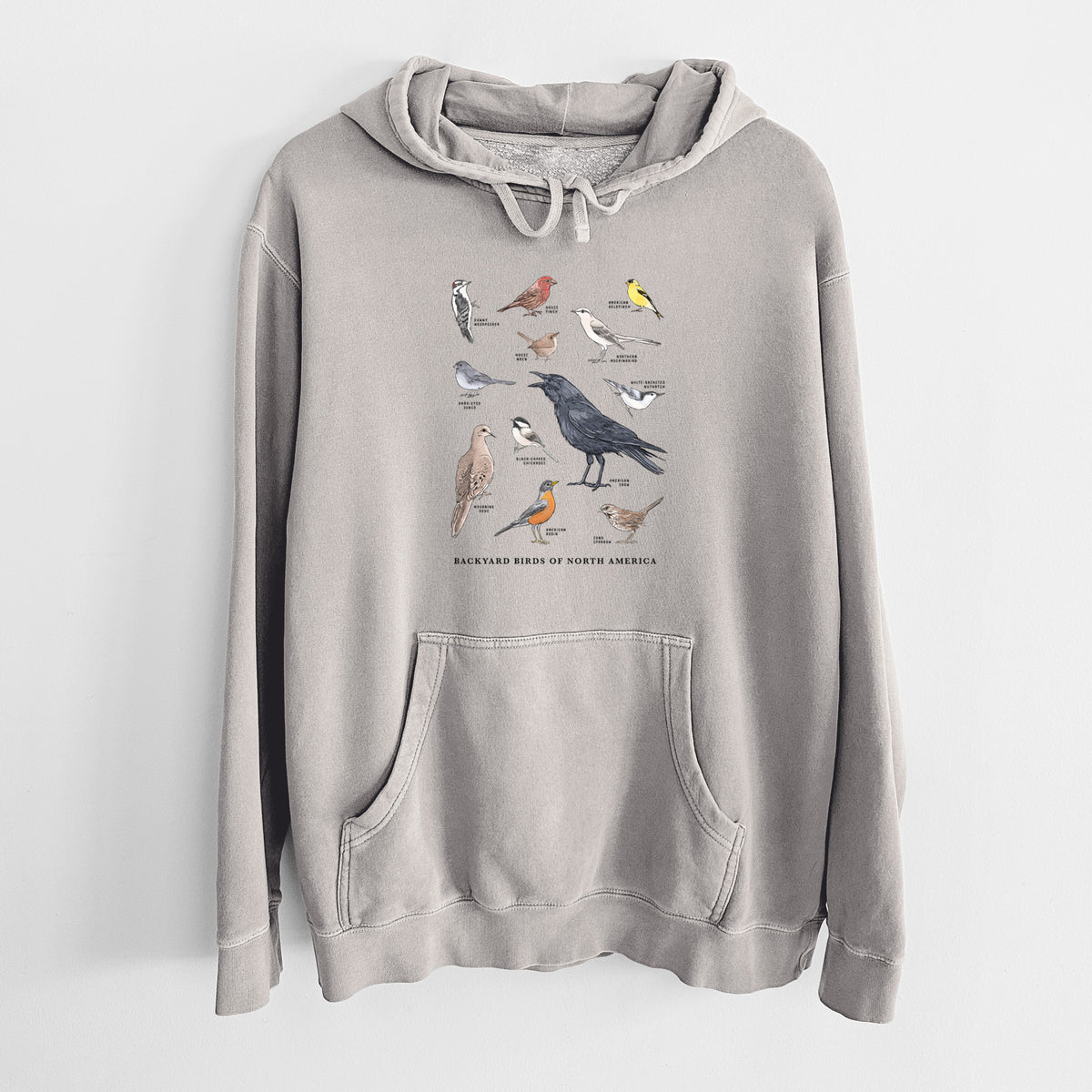 Cement grey pigment dyed hoodie laid flat, printed with a full-color chart of North American backyard birds, each labeled with its species.