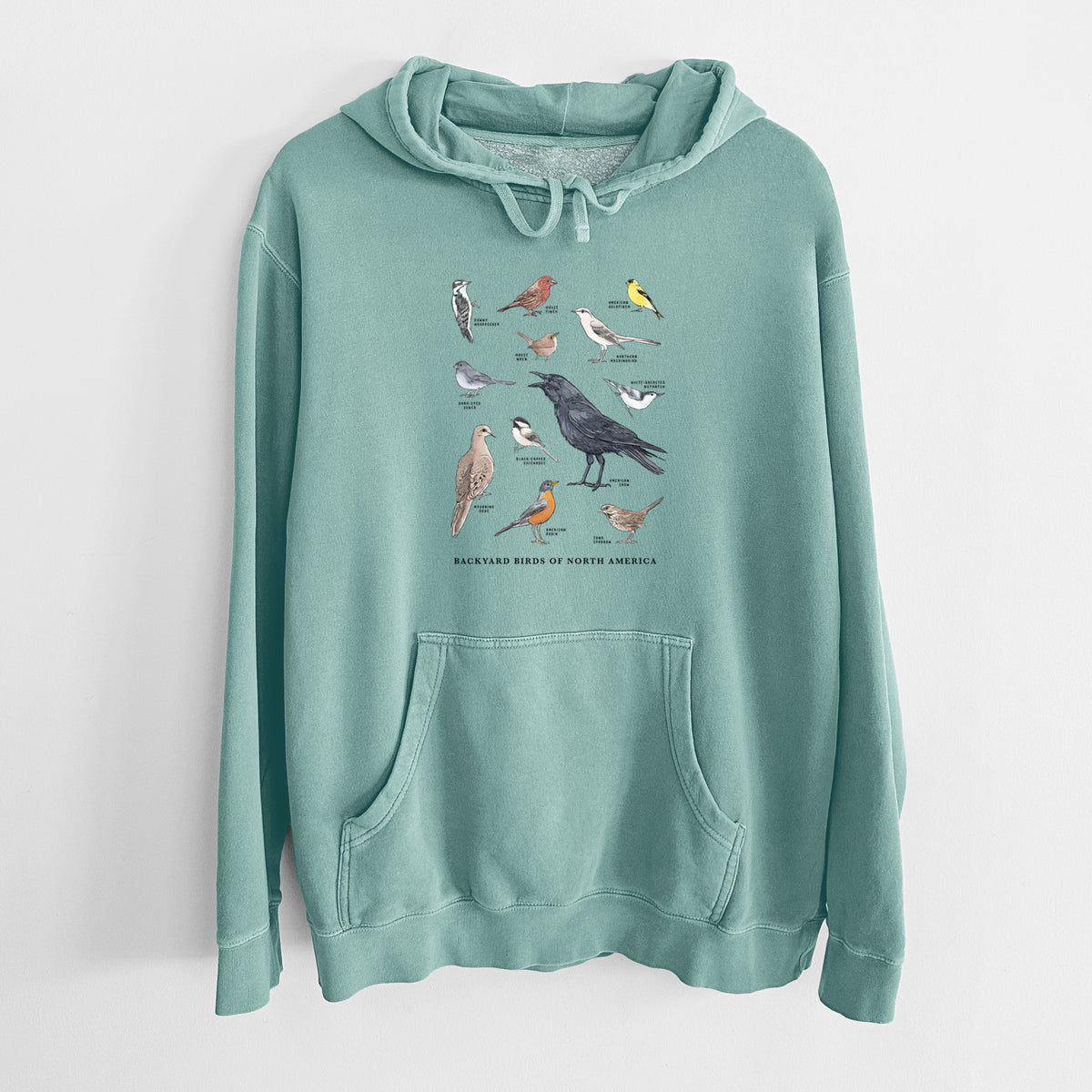 Mint green pigment dyed hoodie laid flat, printed with a full-color chart of North American backyard birds, each labeled with its species.