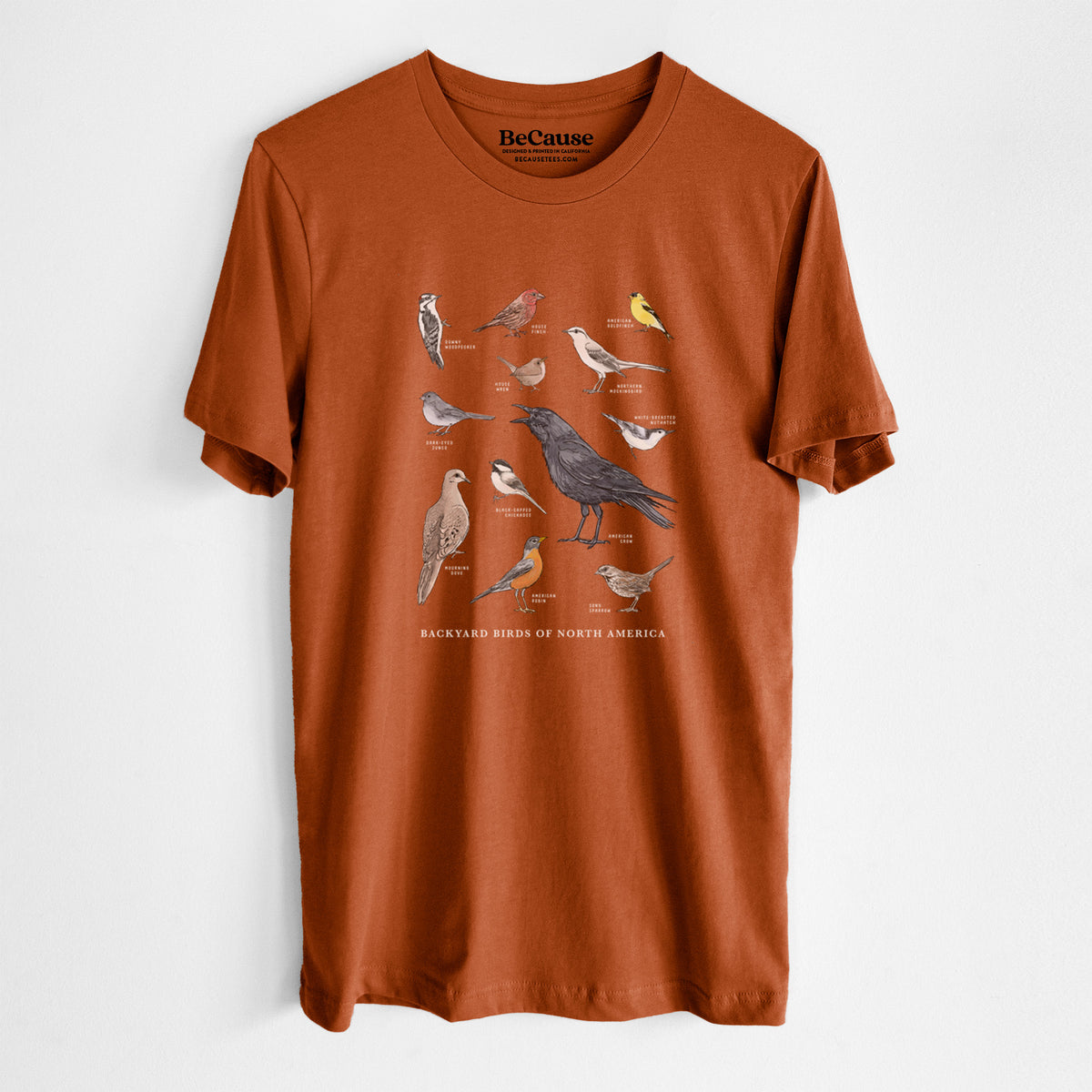 Autumn lightweight cotton t-shirt laid flat, printed with a full-color chart of North American backyard birds, each labeled with its species.