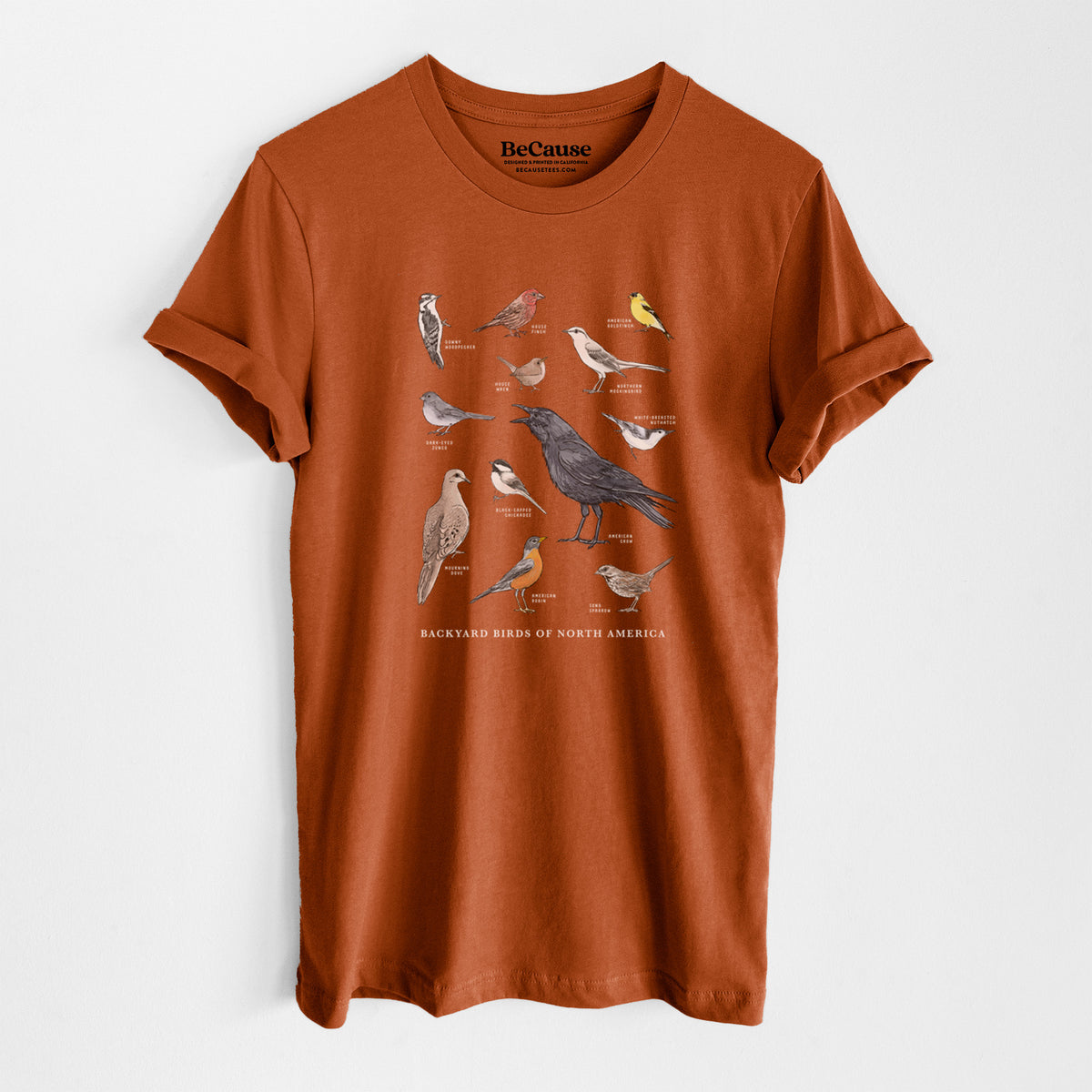 Autumn lightweight cotton t-shirt laid flat, printed with a full-color chart of North American backyard birds, each labeled with its species.