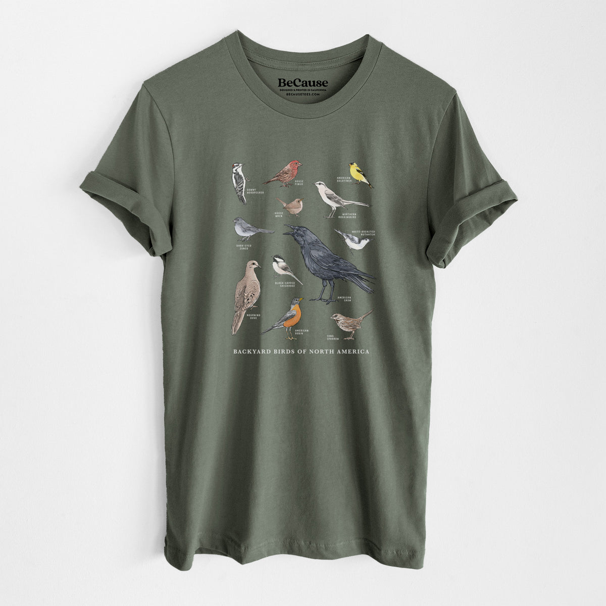 Military green lightweight cotton t-shirt laid flat, printed with a full-color chart of North American backyard birds, each labeled with its species.