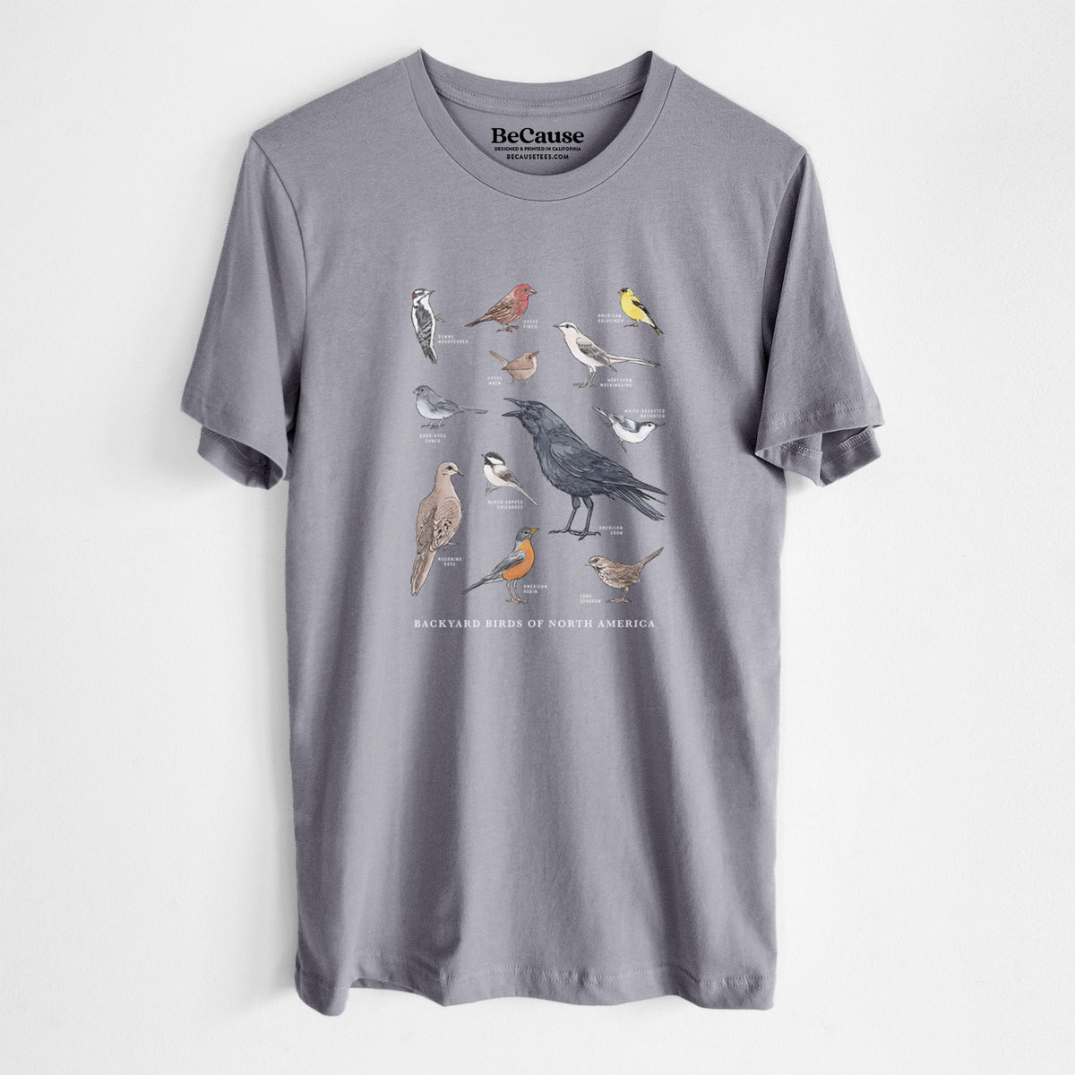 Storm grey lightweight cotton t-shirt laid flat, printed with a full-color chart of North American backyard birds, each labeled with its species.